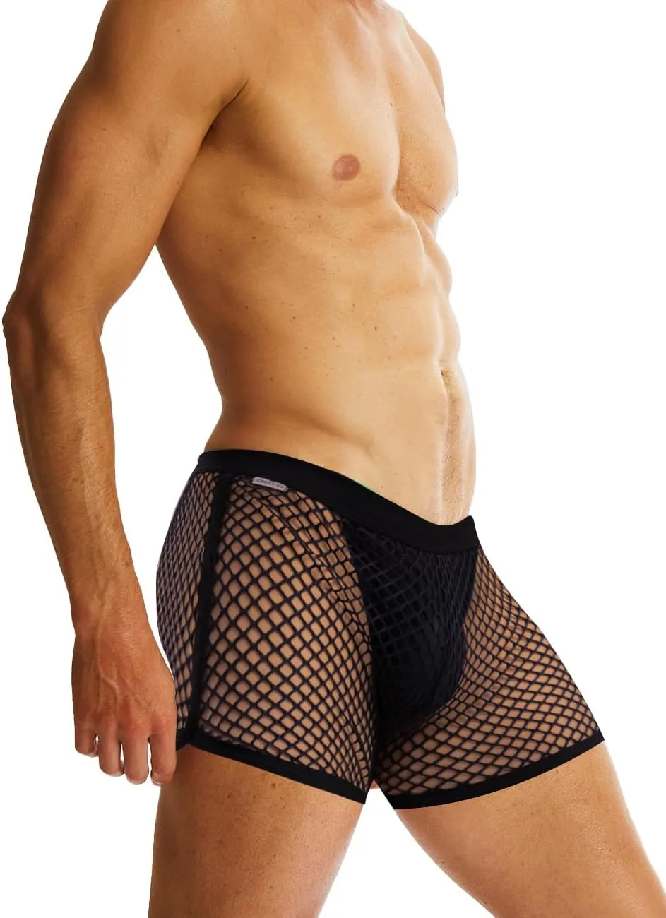 MIZOK Men's Sexy Sheer Fishnet Boxer Briefs Mesh See Through Pouch Boxer Underwear