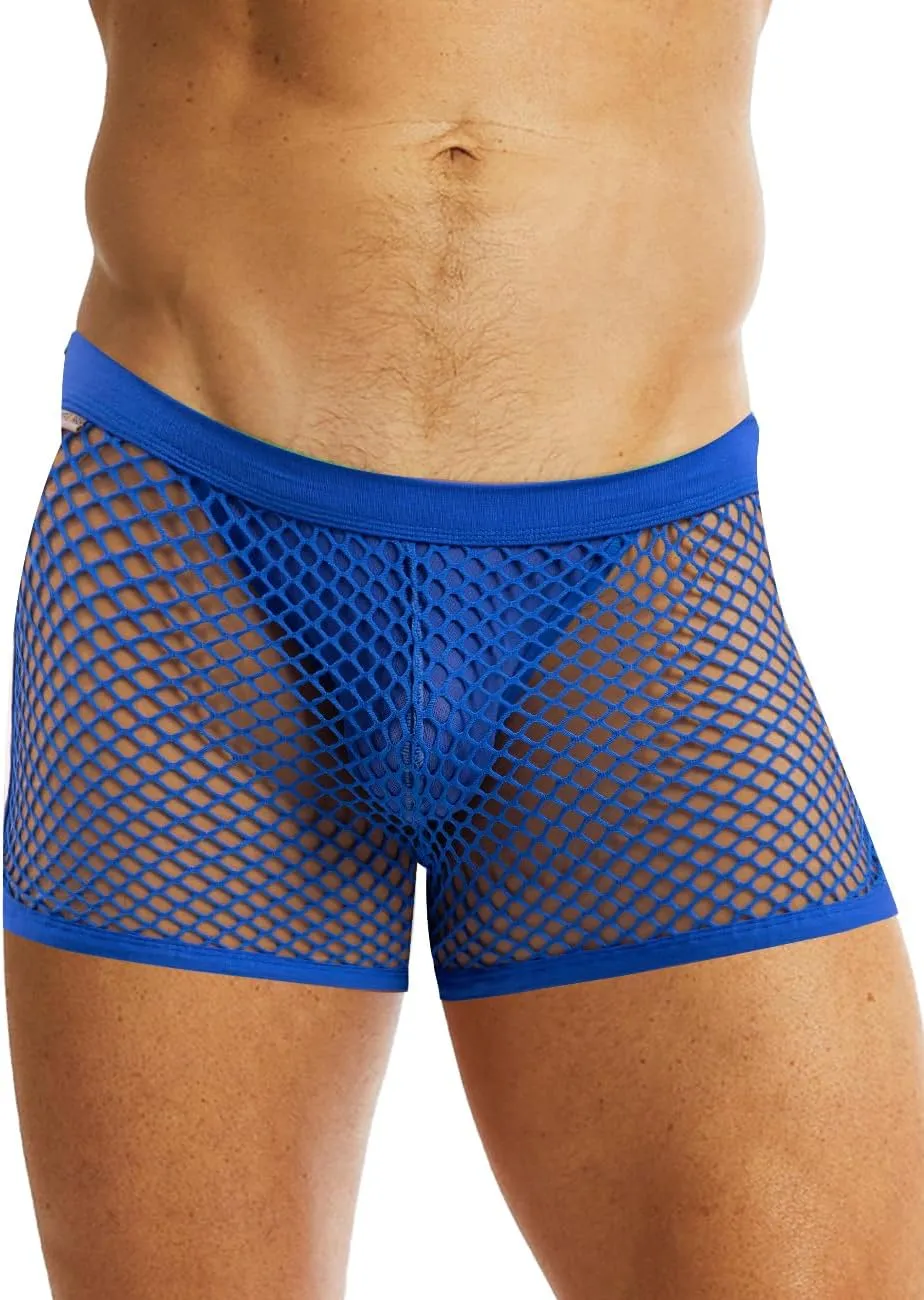 MIZOK Men's Sexy Sheer Fishnet Boxer Briefs Mesh See Through Pouch Boxer Underwear