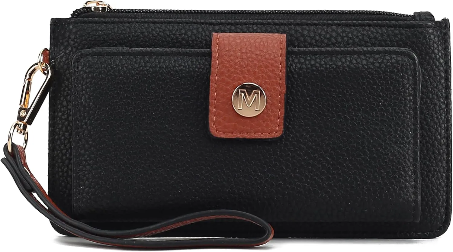 MKF Collection Wallet Wristlet for Women, Multi Compartment Color Block Wristlet Strap Purse Black Cognac By Mia K