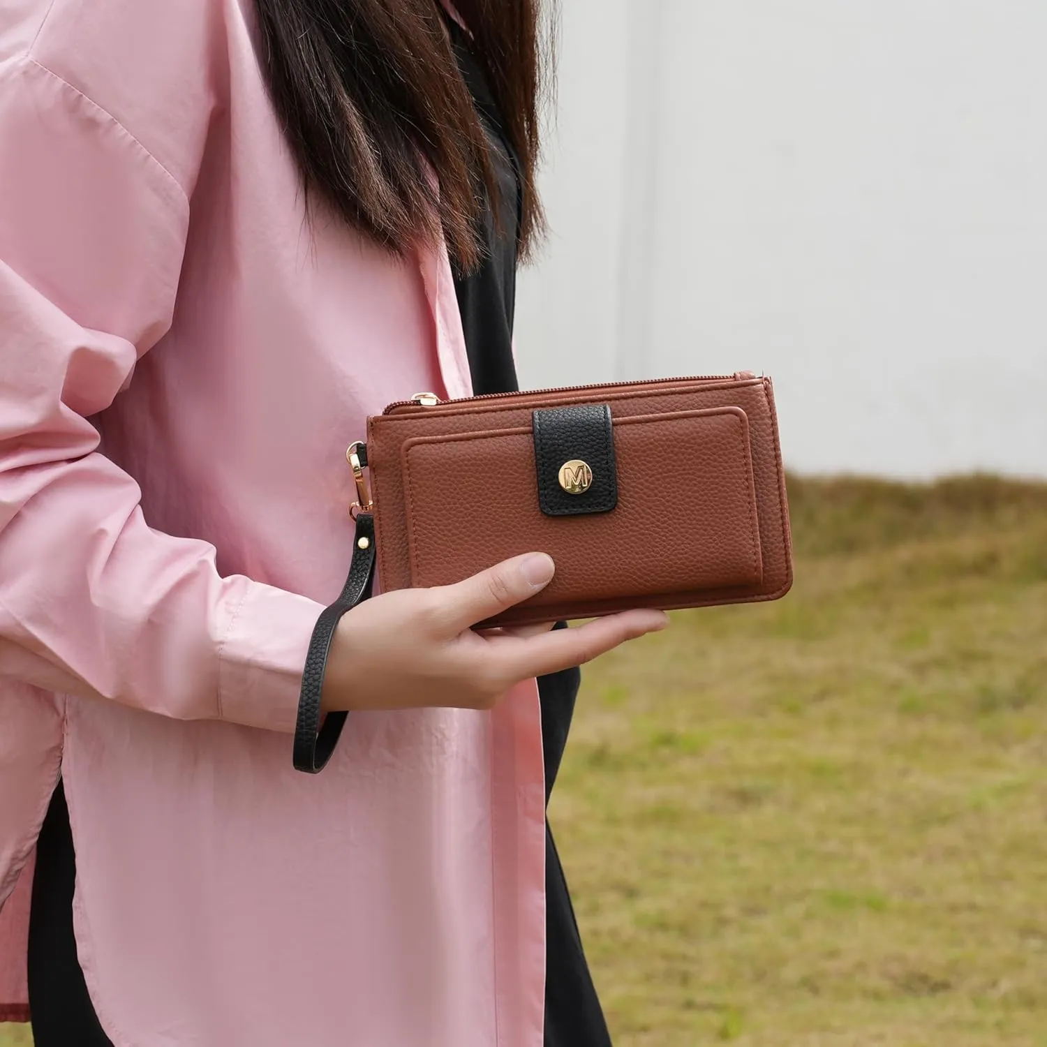 MKF Collection Wallet Wristlet for Women, Multi Compartment Color Block Wristlet Strap Purse Black Cognac By Mia K