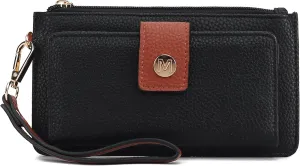 MKF Collection Wallet Wristlet for Women, Multi Compartment Color Block Wristlet Strap Purse Black Cognac By Mia K