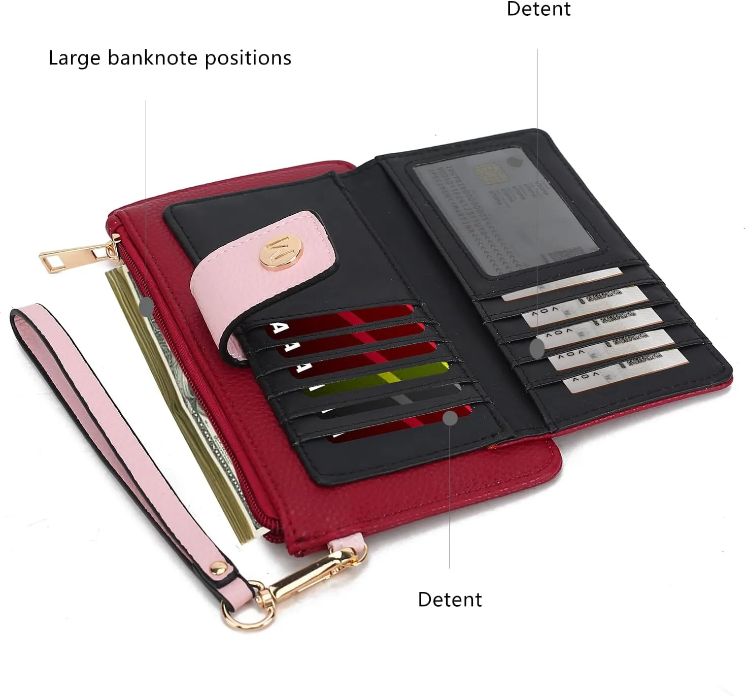MKF Collection Wallet Wristlet for Women, Multi Compartment Color Block Wristlet Strap Purse Charcoal Pink By Mia K