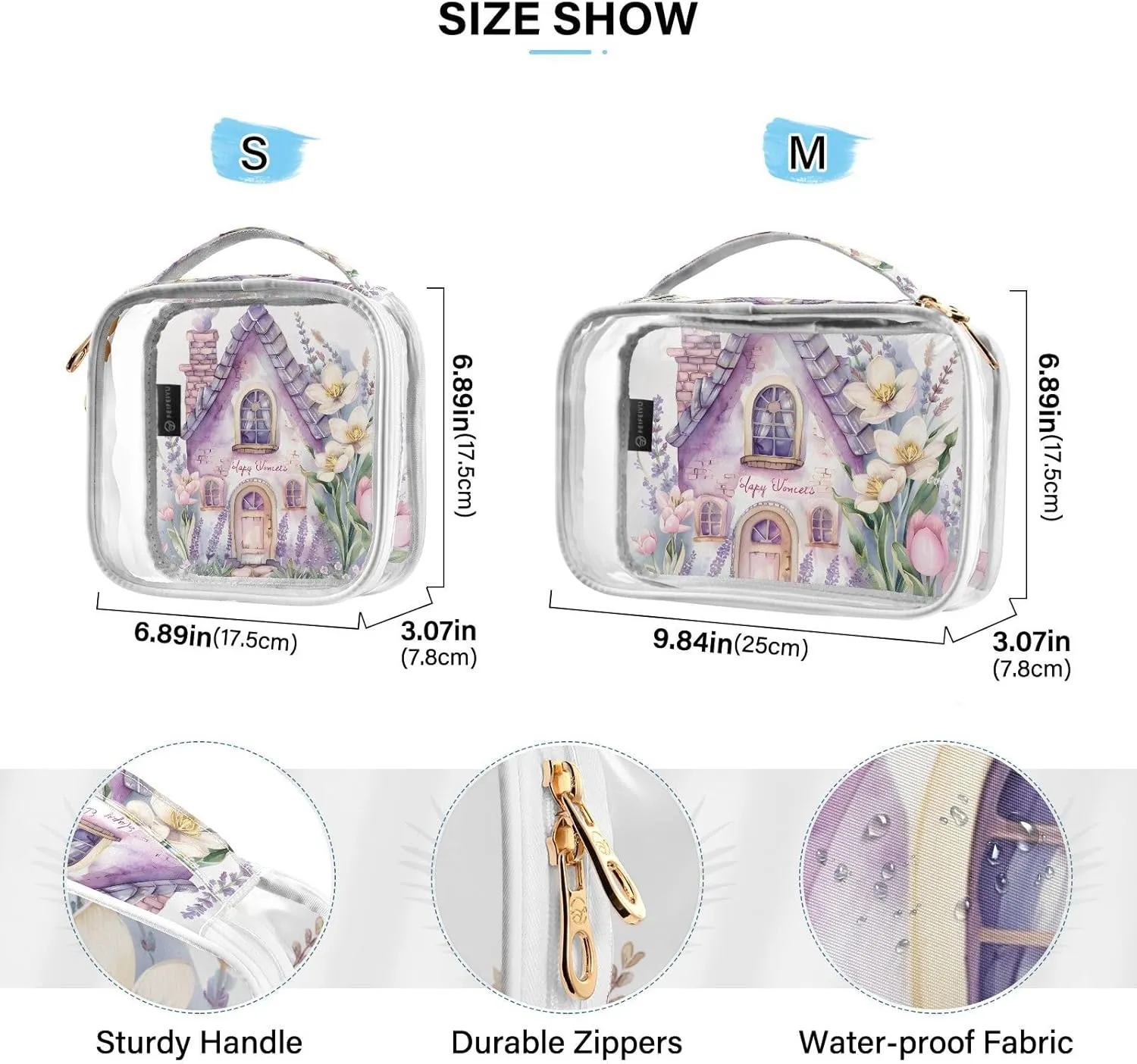 MNSRUU Clear Makeup Bags Pink Fairy-tale Cute House with Flowers Tulips Toiletry Bag for Women 2 PCS Waterproof Clear Bags Clear Travel Toiletry Bag Small Cosmetic Makeup Bag, Carry on Airport