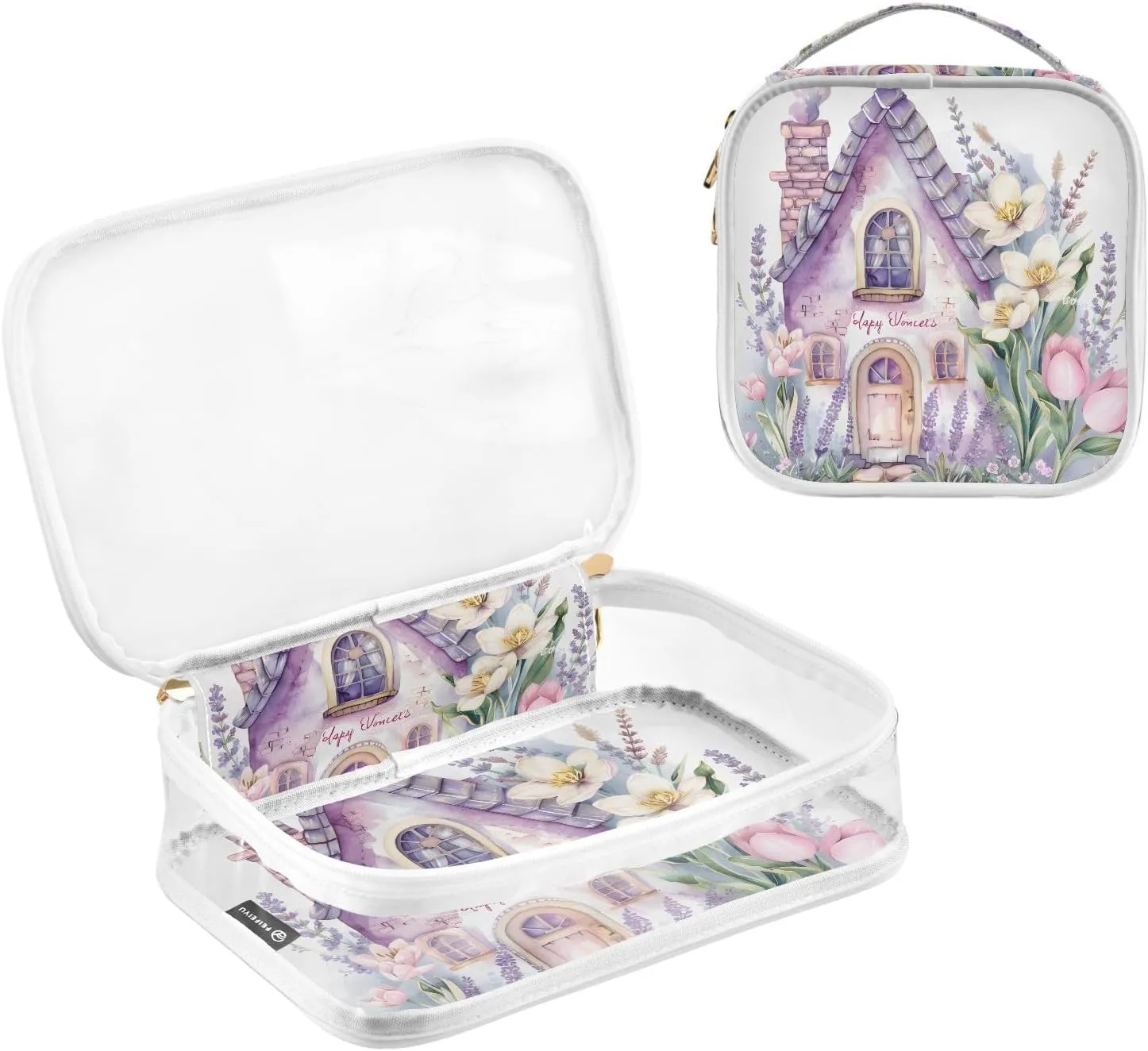 MNSRUU Clear Makeup Bags Pink Fairy-tale Cute House with Flowers Tulips Toiletry Bag for Women 2 PCS Waterproof Clear Bags Clear Travel Toiletry Bag Small Cosmetic Makeup Bag, Carry on Airport