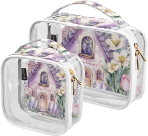MNSRUU Clear Makeup Bags Pink Fairy-tale Cute House with Flowers Tulips Toiletry Bag for Women 2 PCS Waterproof Clear Bags Clear Travel Toiletry Bag Small Cosmetic Makeup Bag, Carry on Airport