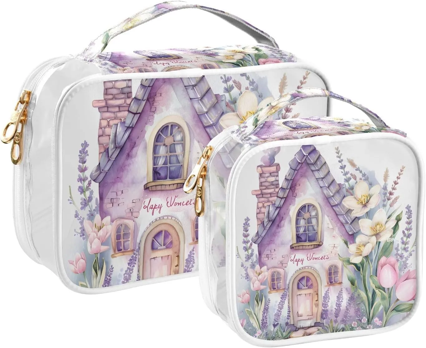 MNSRUU Clear Makeup Bags Pink Fairy-tale Cute House with Flowers Tulips Toiletry Bag for Women 2 PCS Waterproof Clear Bags Clear Travel Toiletry Bag Small Cosmetic Makeup Bag, Carry on Airport