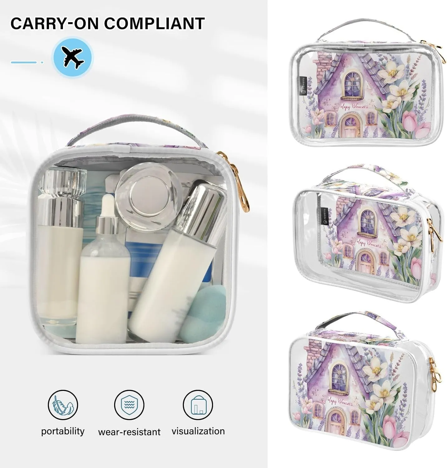 MNSRUU Clear Makeup Bags Pink Fairy-tale Cute House with Flowers Tulips Toiletry Bag for Women 2 PCS Waterproof Clear Bags Clear Travel Toiletry Bag Small Cosmetic Makeup Bag, Carry on Airport