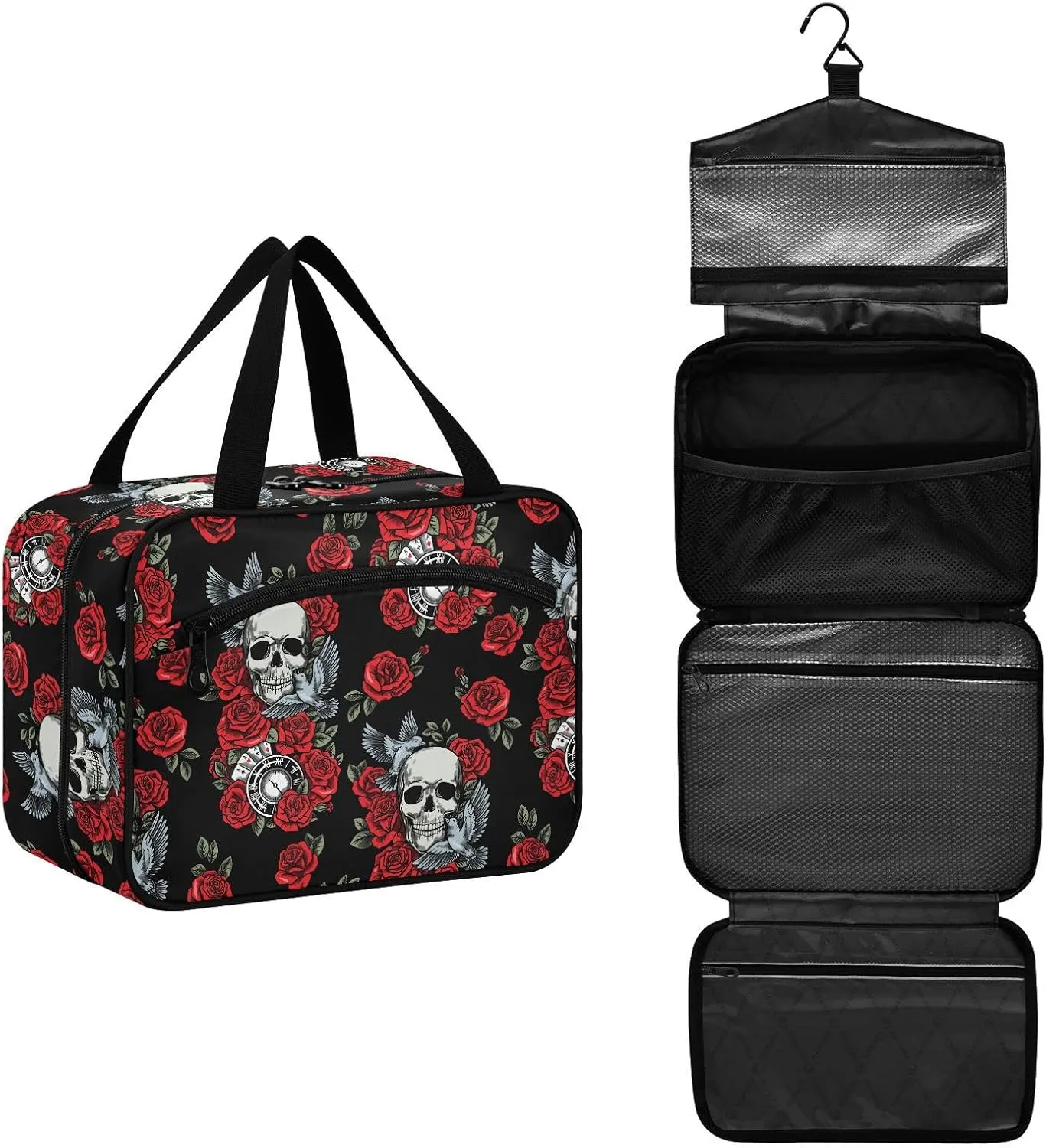MNSRUU Hanging Toiletry Bags for Women Travel, Gothic Skull Rose Clock Pigeon Toiletry Organizer Portable Travel Toiletry Bags Clear Wash Bags Makeup Bag Cosmetic Bag