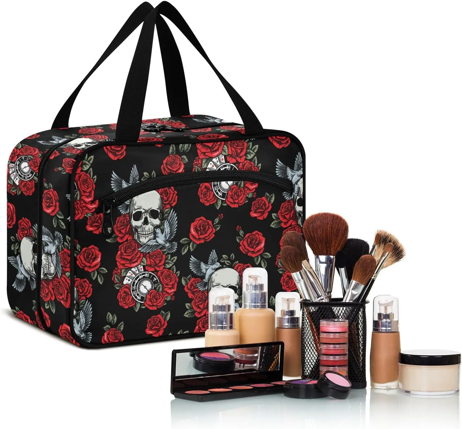 MNSRUU Hanging Toiletry Bags for Women Travel, Gothic Skull Rose Clock Pigeon Toiletry Organizer Portable Travel Toiletry Bags Clear Wash Bags Makeup Bag Cosmetic Bag