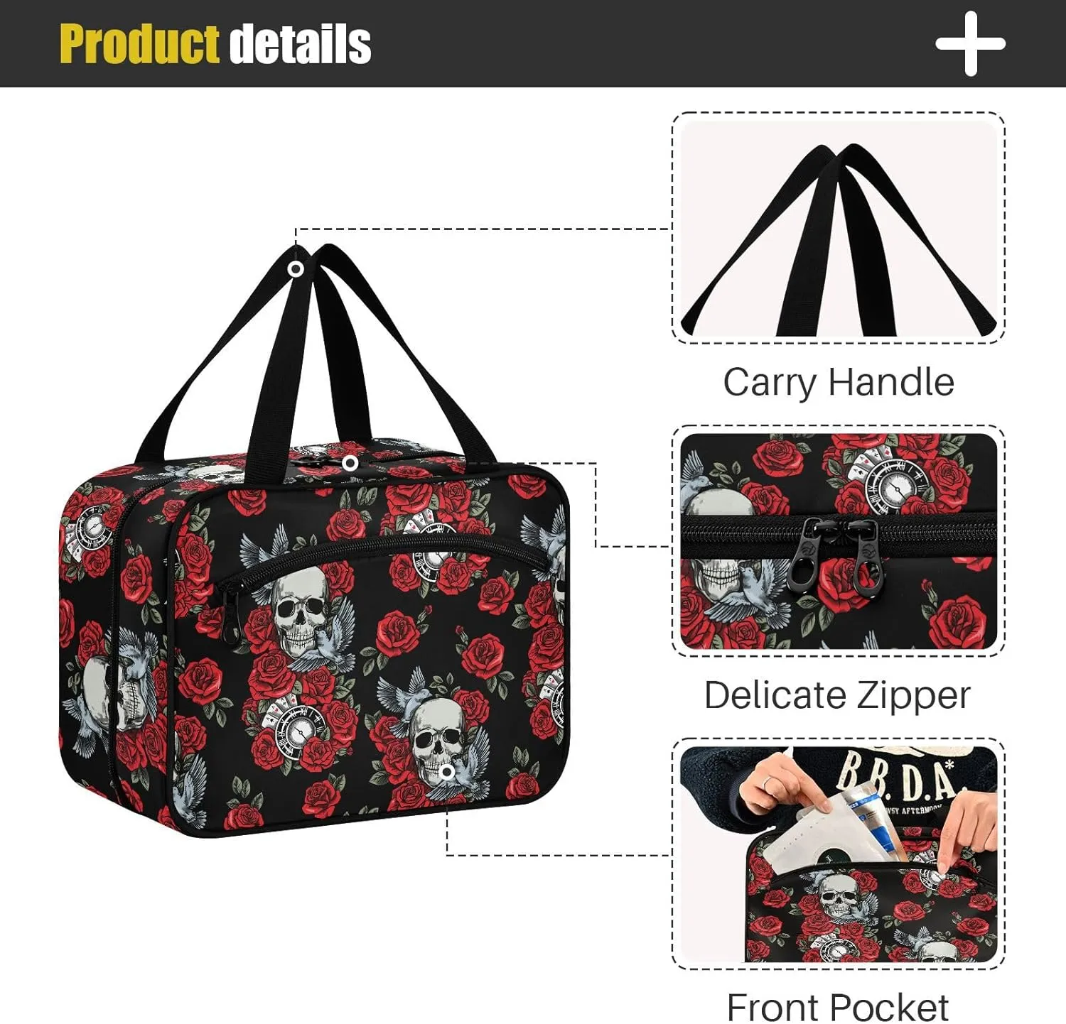 MNSRUU Hanging Toiletry Bags for Women Travel, Gothic Skull Rose Clock Pigeon Toiletry Organizer Portable Travel Toiletry Bags Clear Wash Bags Makeup Bag Cosmetic Bag
