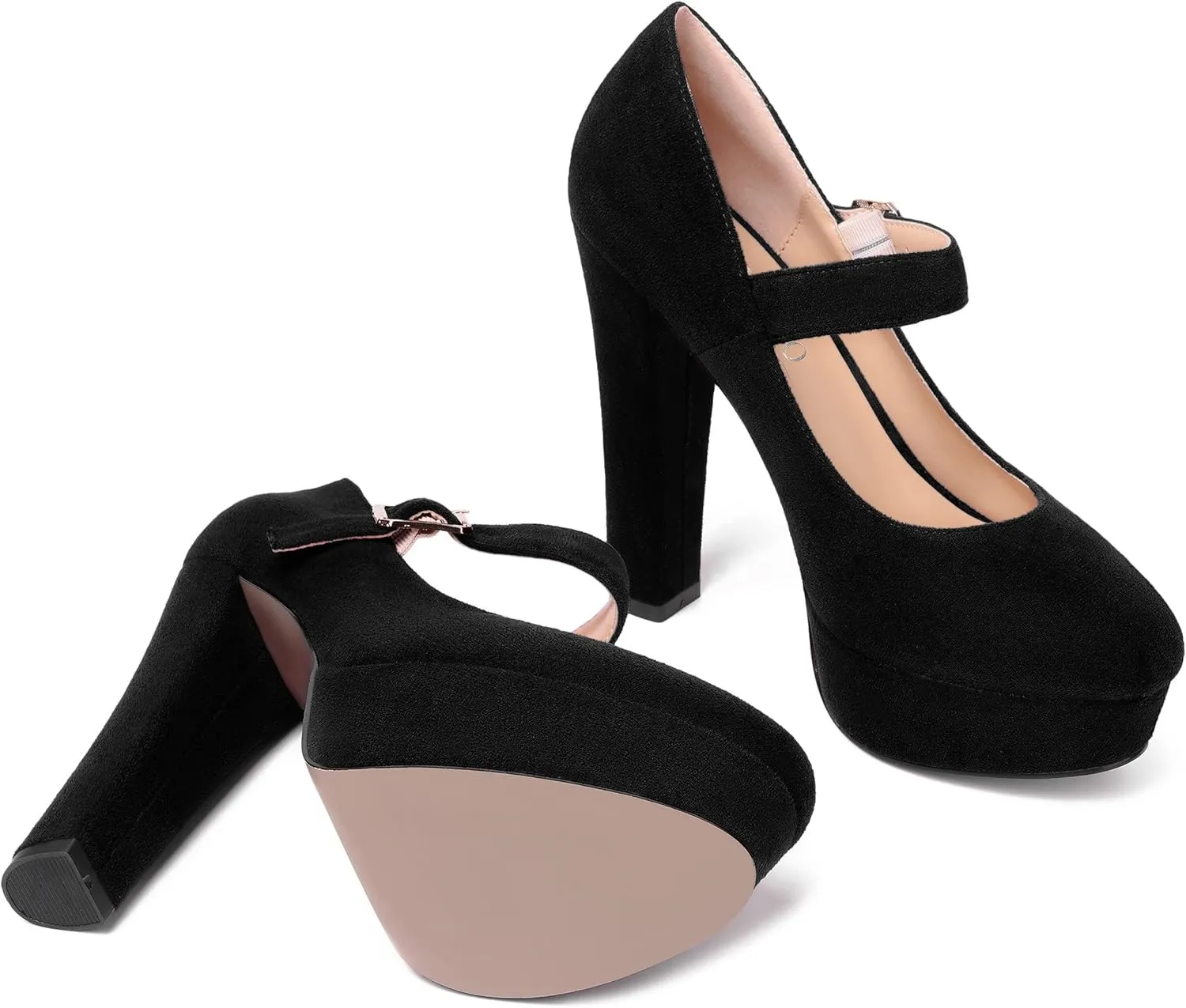 MODENCOCO Womens Fashion Mary Jane Suede Ankle Strap Round Toe Evening Platform Sexy Buckle Block High Heel Pumps Dress Shoes 5 Inch