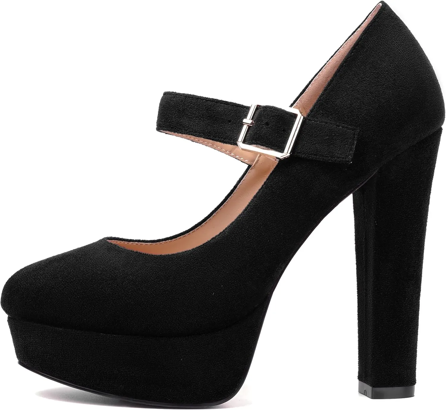 MODENCOCO Womens Fashion Mary Jane Suede Ankle Strap Round Toe Evening Platform Sexy Buckle Block High Heel Pumps Dress Shoes 5 Inch