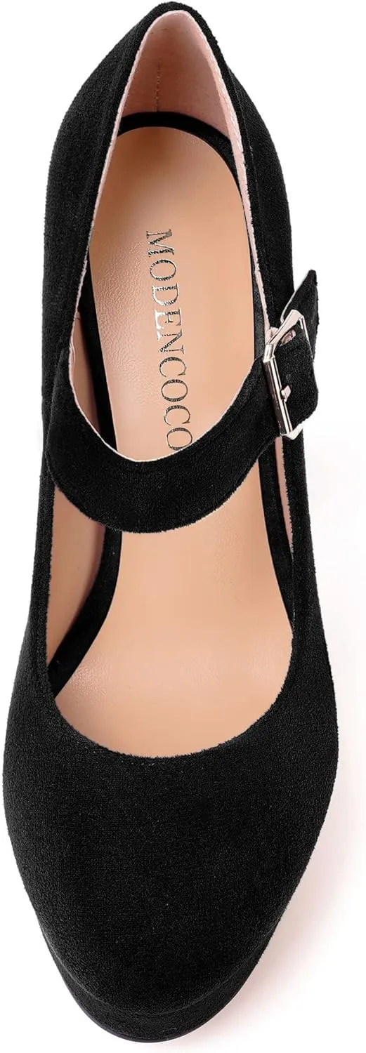 MODENCOCO Womens Fashion Mary Jane Suede Ankle Strap Round Toe Evening Platform Sexy Buckle Block High Heel Pumps Dress Shoes 5 Inch