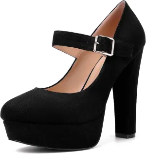 MODENCOCO Womens Fashion Mary Jane Suede Ankle Strap Round Toe Evening Platform Sexy Buckle Block High Heel Pumps Dress Shoes 5 Inch