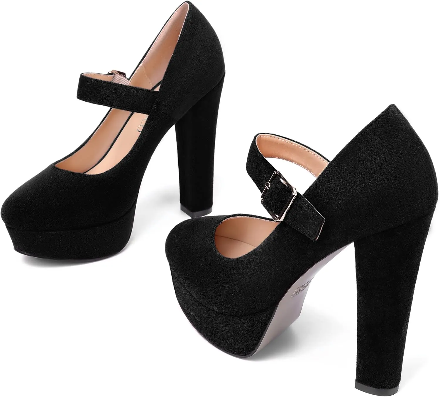 MODENCOCO Womens Fashion Mary Jane Suede Ankle Strap Round Toe Evening Platform Sexy Buckle Block High Heel Pumps Dress Shoes 5 Inch