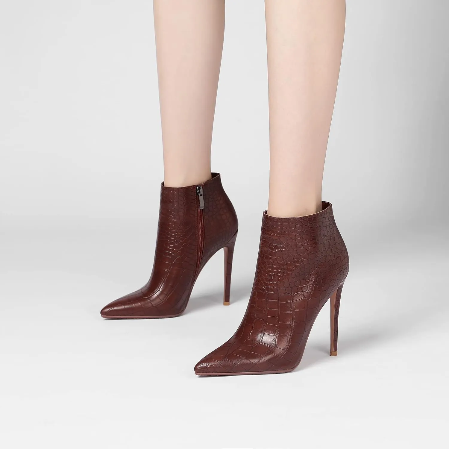 MODENCOCO Women's Pointed Toe Leather Zip Matte Stiletto High Heel Ankle High Boots 4.7 Inch
