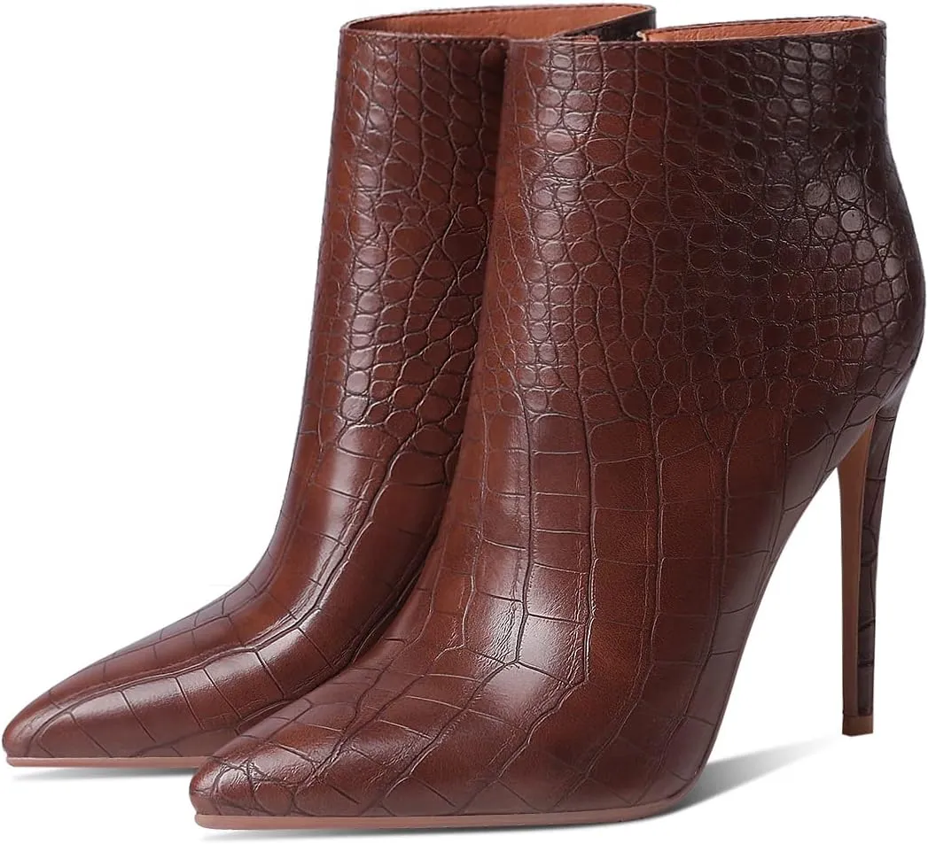 MODENCOCO Women's Pointed Toe Leather Zip Matte Stiletto High Heel Ankle High Boots 4.7 Inch