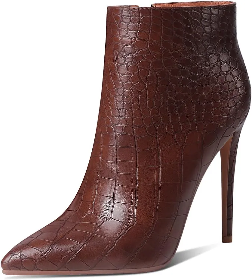 MODENCOCO Women's Pointed Toe Leather Zip Matte Stiletto High Heel Ankle High Boots 4.7 Inch