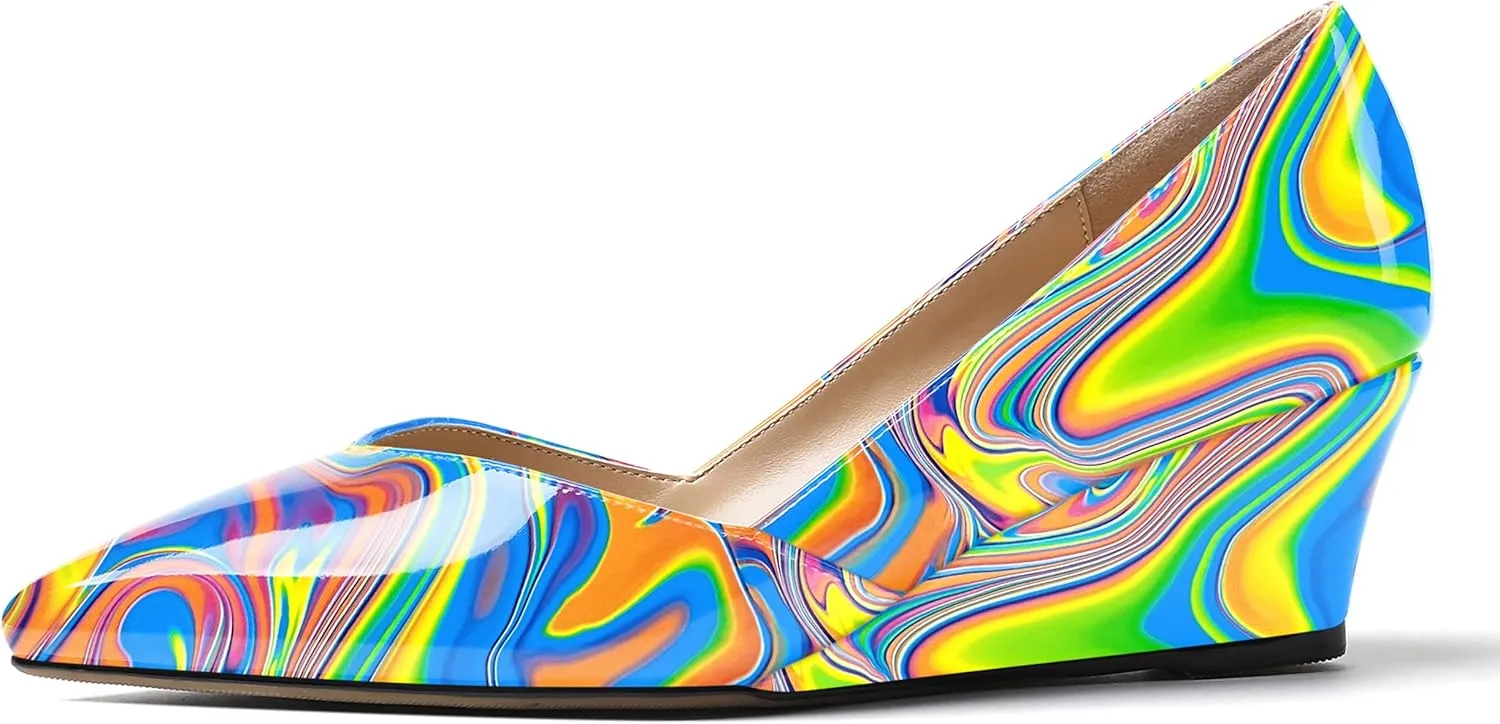 MODENCOCO Women's Slip On Professional Office Pointed Toe Patent Wedge Low Heel Pumps Shoes 2 Inch