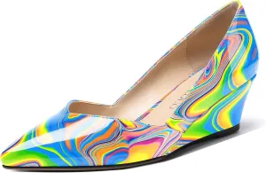 MODENCOCO Women's Slip On Professional Office Pointed Toe Patent Wedge Low Heel Pumps Shoes 2 Inch