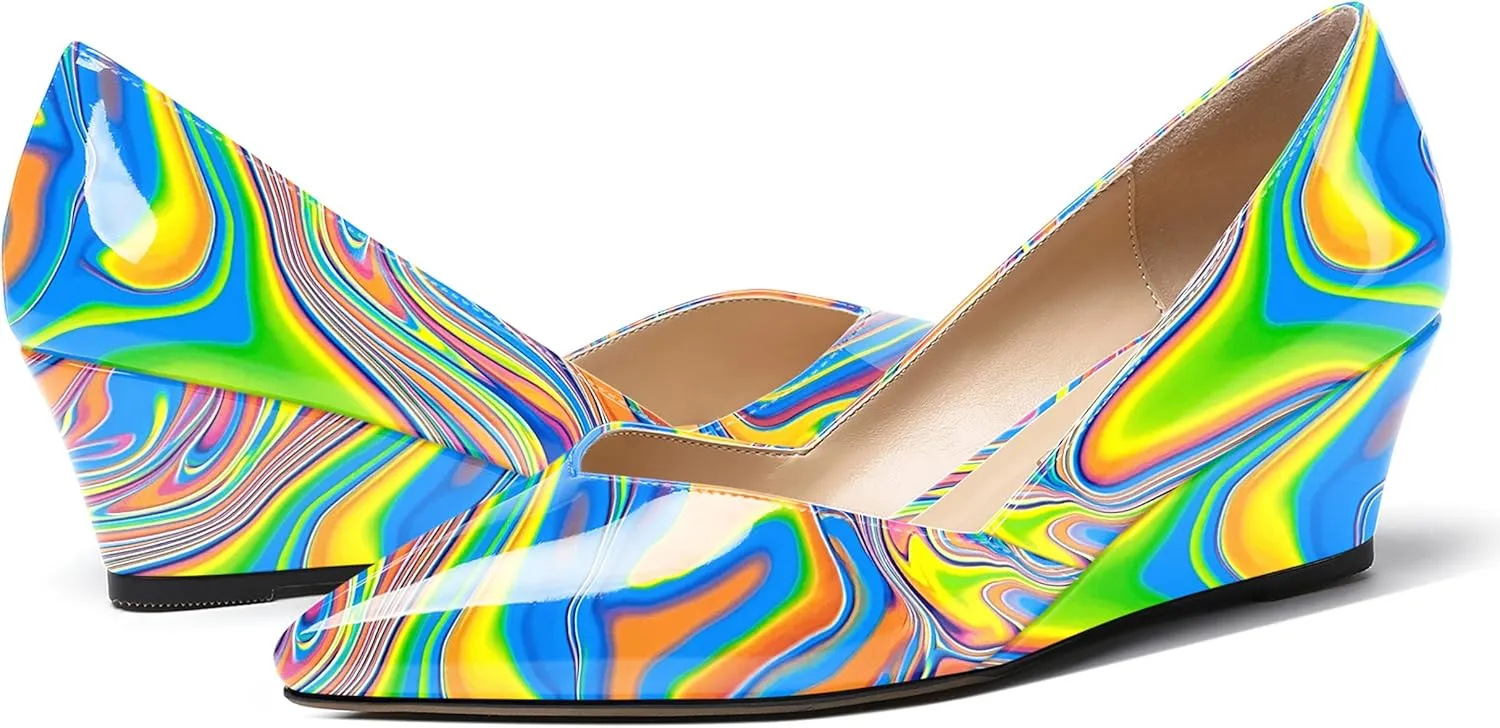 MODENCOCO Women's Slip On Professional Office Pointed Toe Patent Wedge Low Heel Pumps Shoes 2 Inch