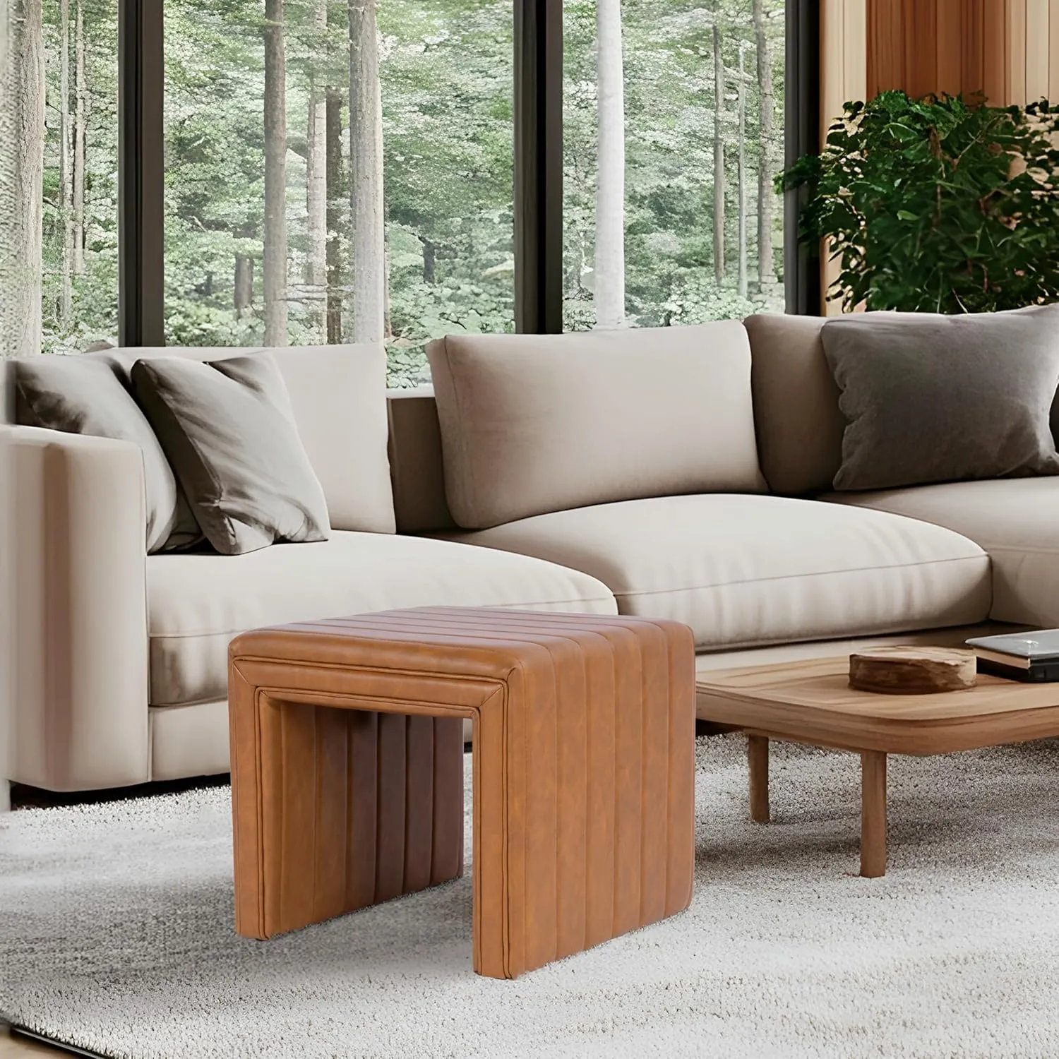 Modern Channel Tufted Faux Leather Ottoman Home Décor|Ottoman for Living Room & Bedroom - Carmel Brown