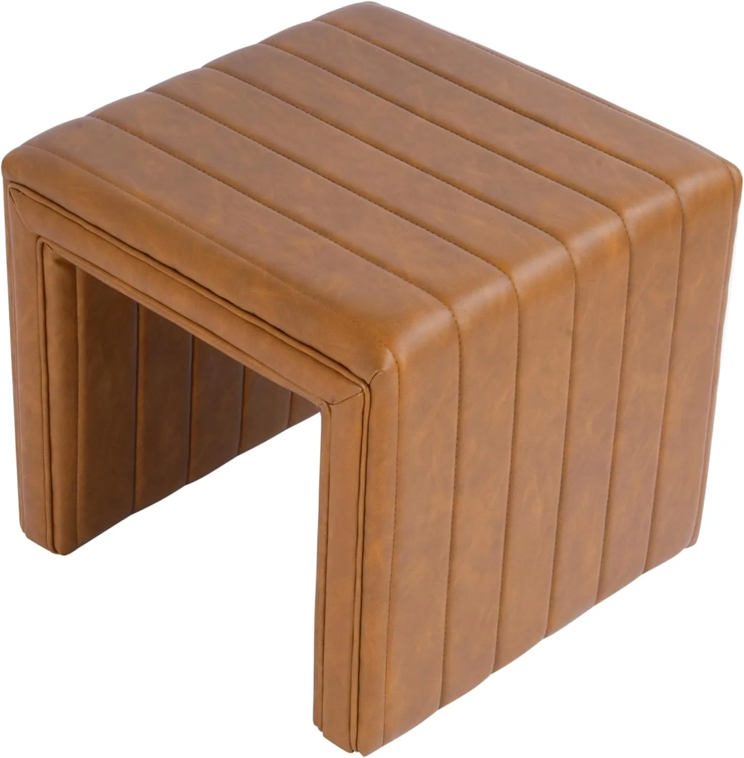 Modern Channel Tufted Faux Leather Ottoman Home Décor|Ottoman for Living Room & Bedroom - Carmel Brown
