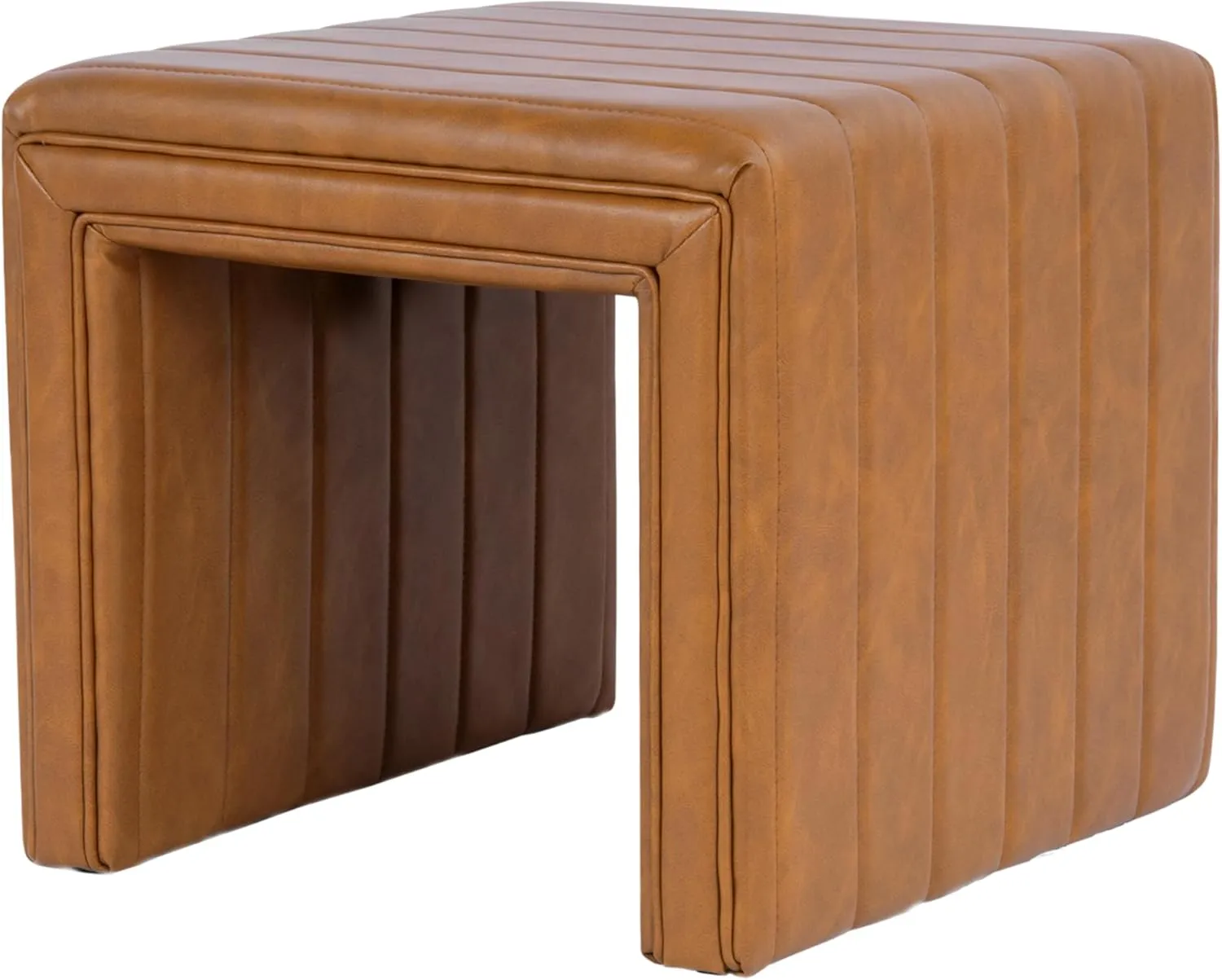 Modern Channel Tufted Faux Leather Ottoman Home Décor|Ottoman for Living Room & Bedroom - Carmel Brown
