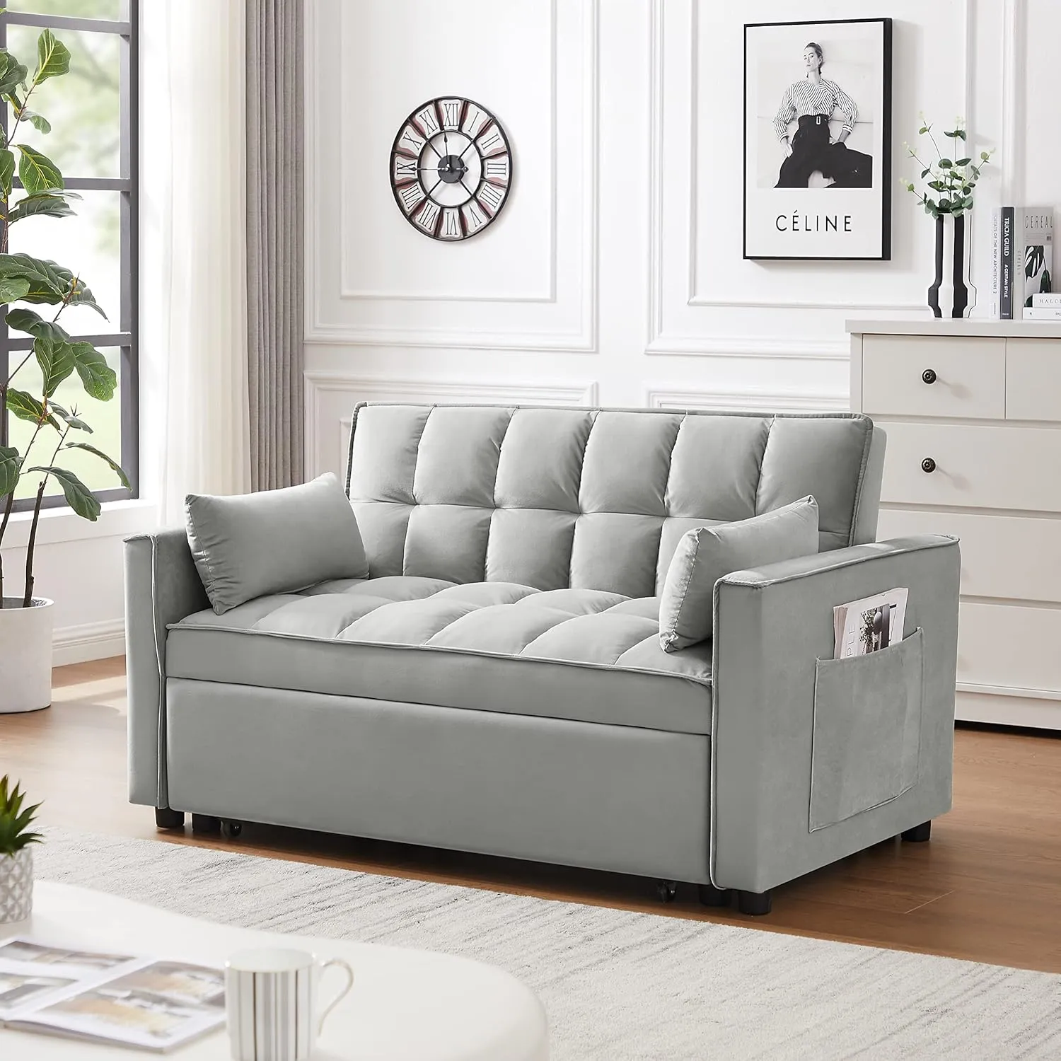 Modern Velvet Loveseat Futon Sofa with Pullout Bed, Adjustable Backrest, Soft Pillows, Space-Saving Design, Gray