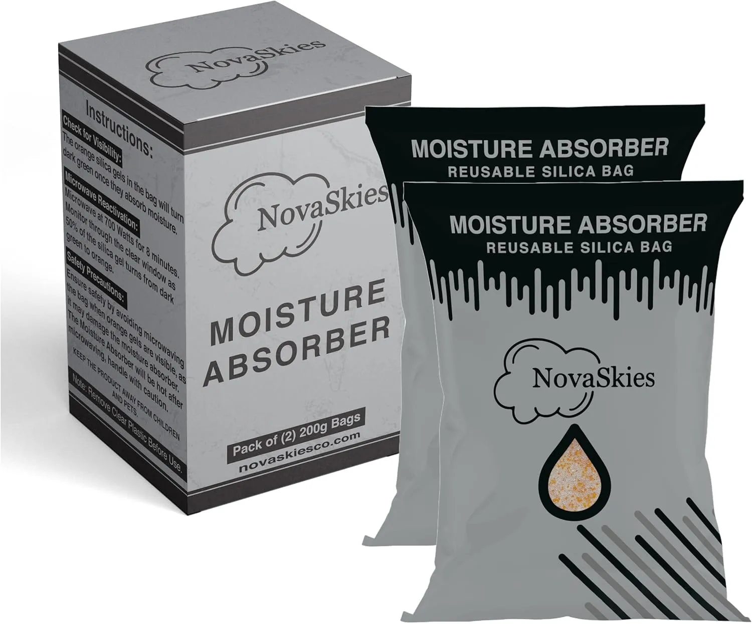 Moisture Absorber Dehumidifier Bags Desiccant 200G x 2Pack Orange Indicating Silica Gel Reusable Bags, Moisture Absorber for Cars 3D Filaments Closet