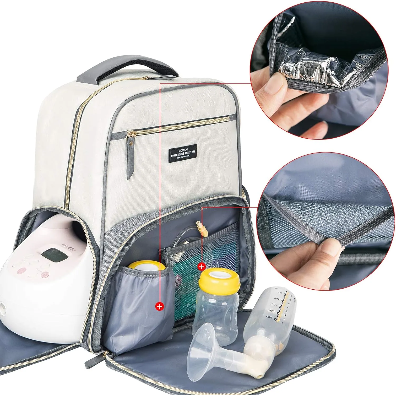MOMIGO Breast Pump Backpack Diaper Bag - Multi-Function Mommy Outdoor Working Backpack with Insulation Pocket