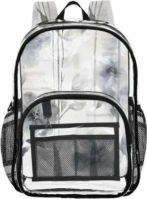 Monochrome Flower Sketch Clear Plastic Backpack - Transparent PVC Heavy Duty Bag with Large Main Pocket and Mesh Pockets - Ideal for School, Travel, Outings - Clear Backpack for Everyday Use
