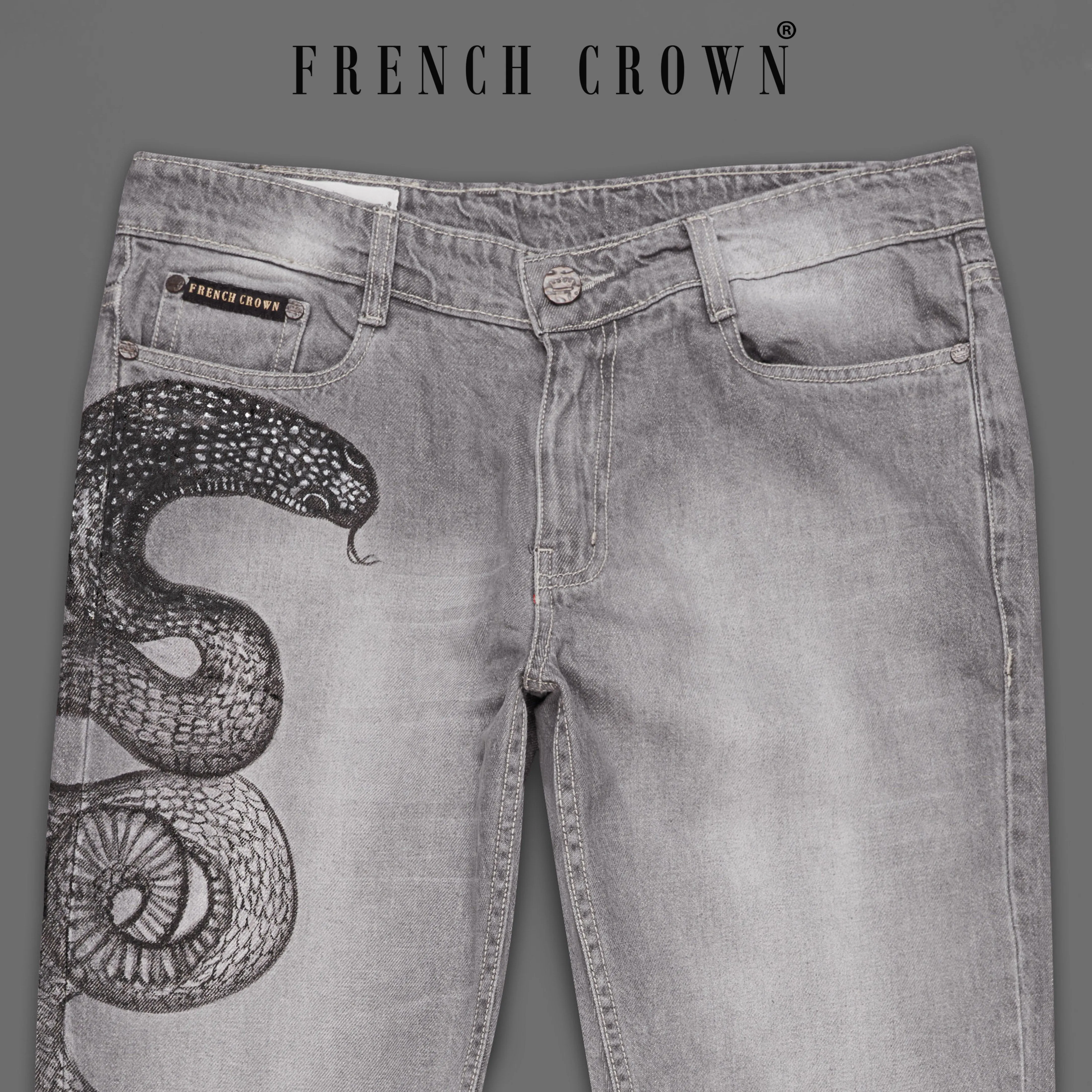 Monsoon Gray Snake Hand-Painted Stone Washed Denim