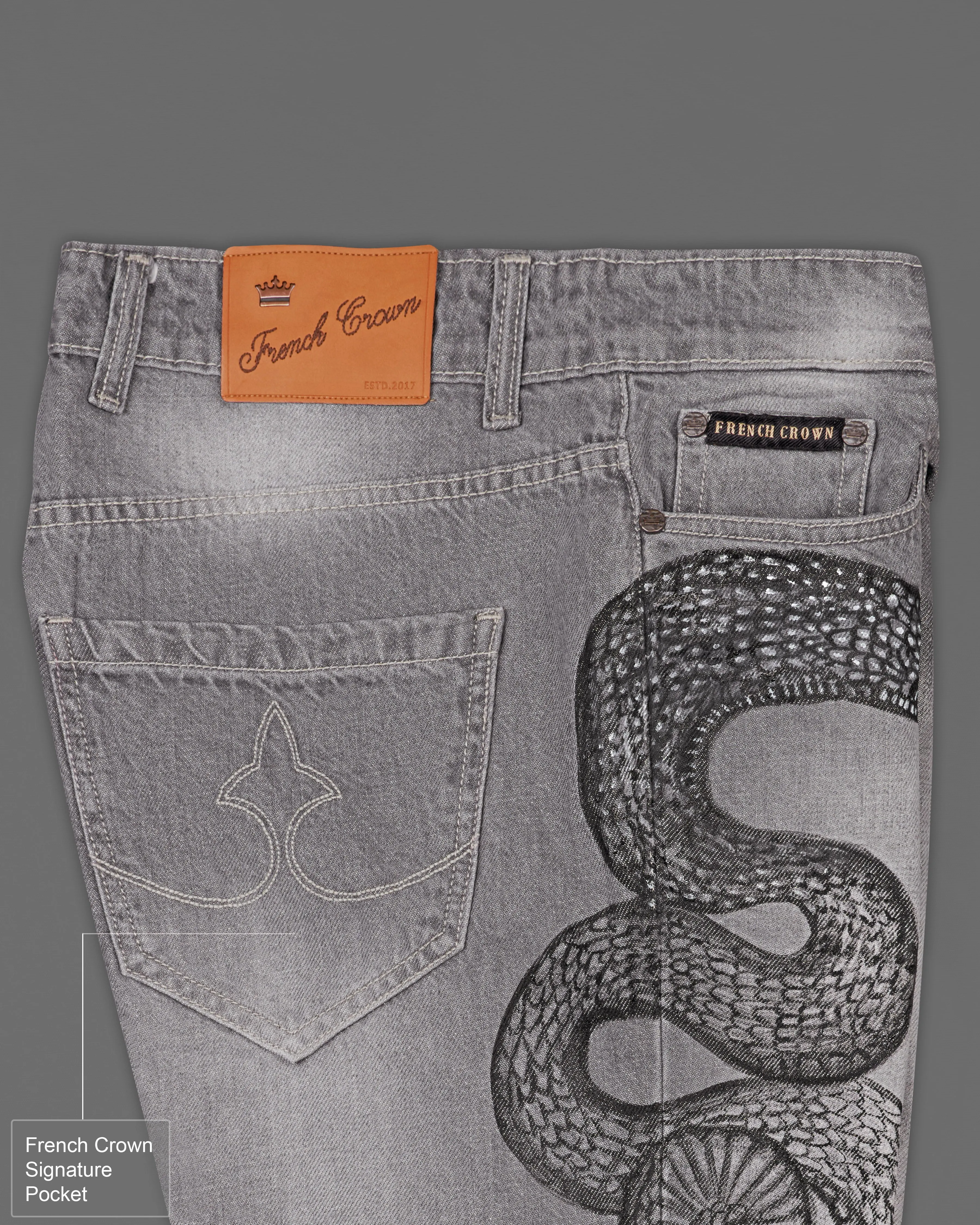 Monsoon Gray Snake Hand-Painted Stone Washed Denim