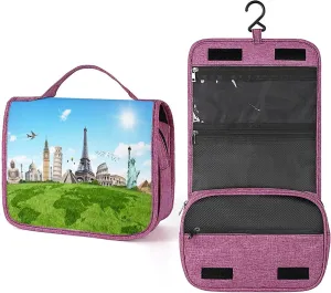 Monuments Of The World,Toiletry Bag Travel Bag with Hanging Hook,Famous Historical Monuments of The World,Water-resistant Makeup Cosmetic Bag Organizer for Makeup Accessories,Multicolor