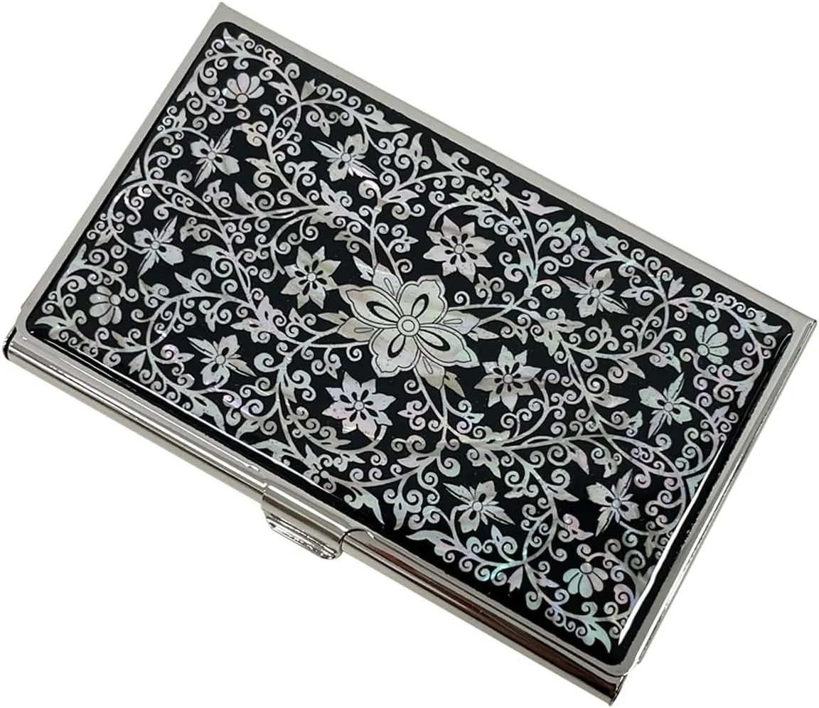 Mother of Pearl Business Card Case Credit Id Name Holder Travel Wallet Art Painting Design Metal Stainless Steel Engraved Slim Purse Pocket Cash Money Wallet (Arabesque)