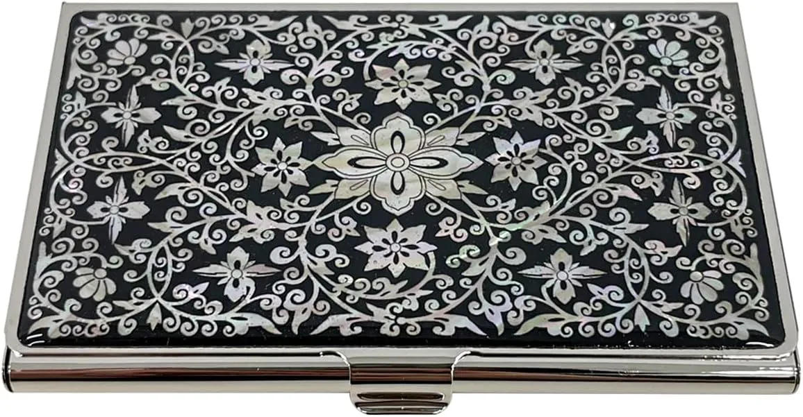 Mother of Pearl Business Card Case Credit Id Name Holder Travel Wallet Art Painting Design Metal Stainless Steel Engraved Slim Purse Pocket Cash Money Wallet (Arabesque)