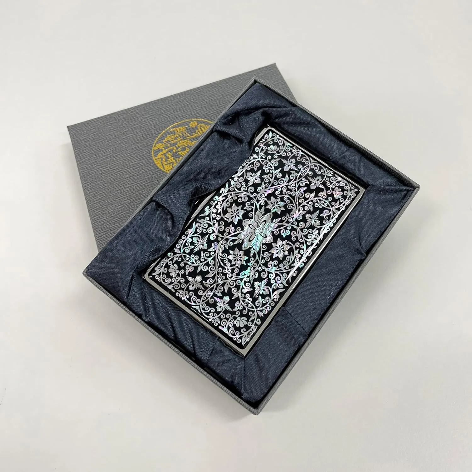 Mother of Pearl Business Card Case Credit Id Name Holder Travel Wallet Art Painting Design Metal Stainless Steel Engraved Slim Purse Pocket Cash Money Wallet (Arabesque)