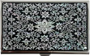 Mother of Pearl Business Card Case Credit Id Name Holder Travel Wallet Art Painting Design Metal Stainless Steel Engraved Slim Purse Pocket Cash Money Wallet (Arabesque)