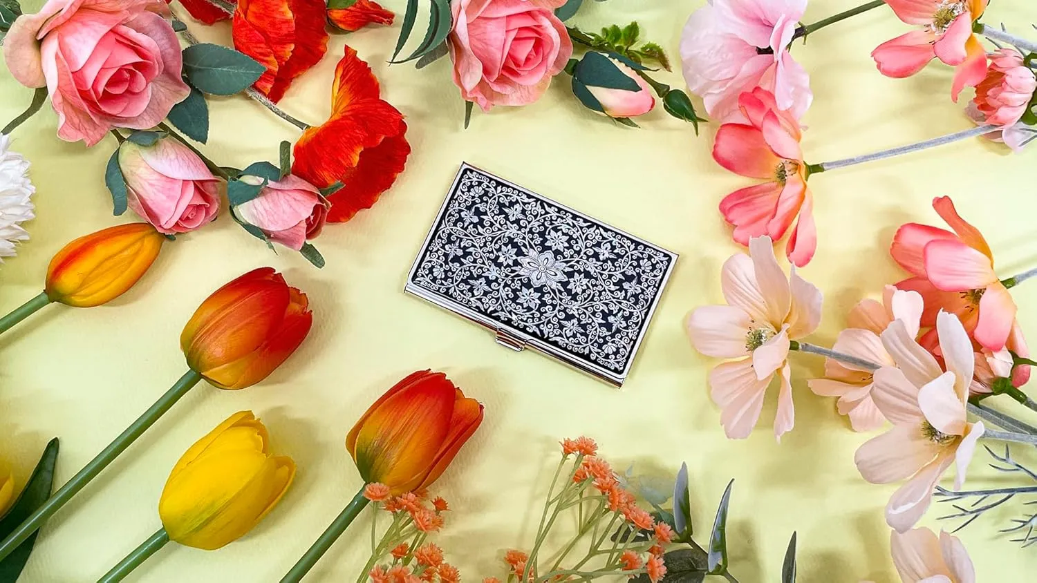 Mother of Pearl Business Card Case Credit Id Name Holder Travel Wallet Art Painting Design Metal Stainless Steel Engraved Slim Purse Pocket Cash Money Wallet (Arabesque)