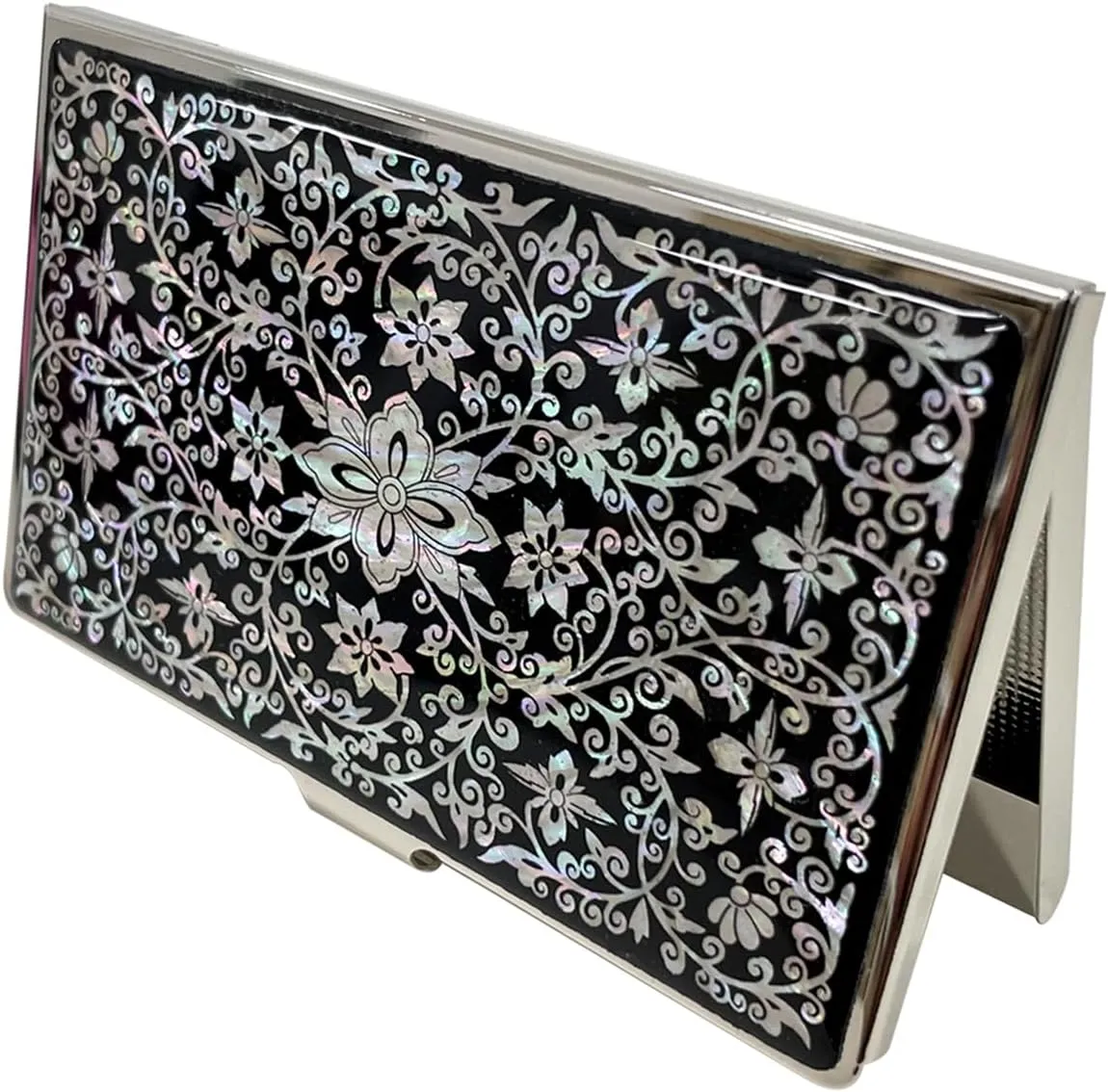 Mother of Pearl Business Card Case Credit Id Name Holder Travel Wallet Art Painting Design Metal Stainless Steel Engraved Slim Purse Pocket Cash Money Wallet (Arabesque)