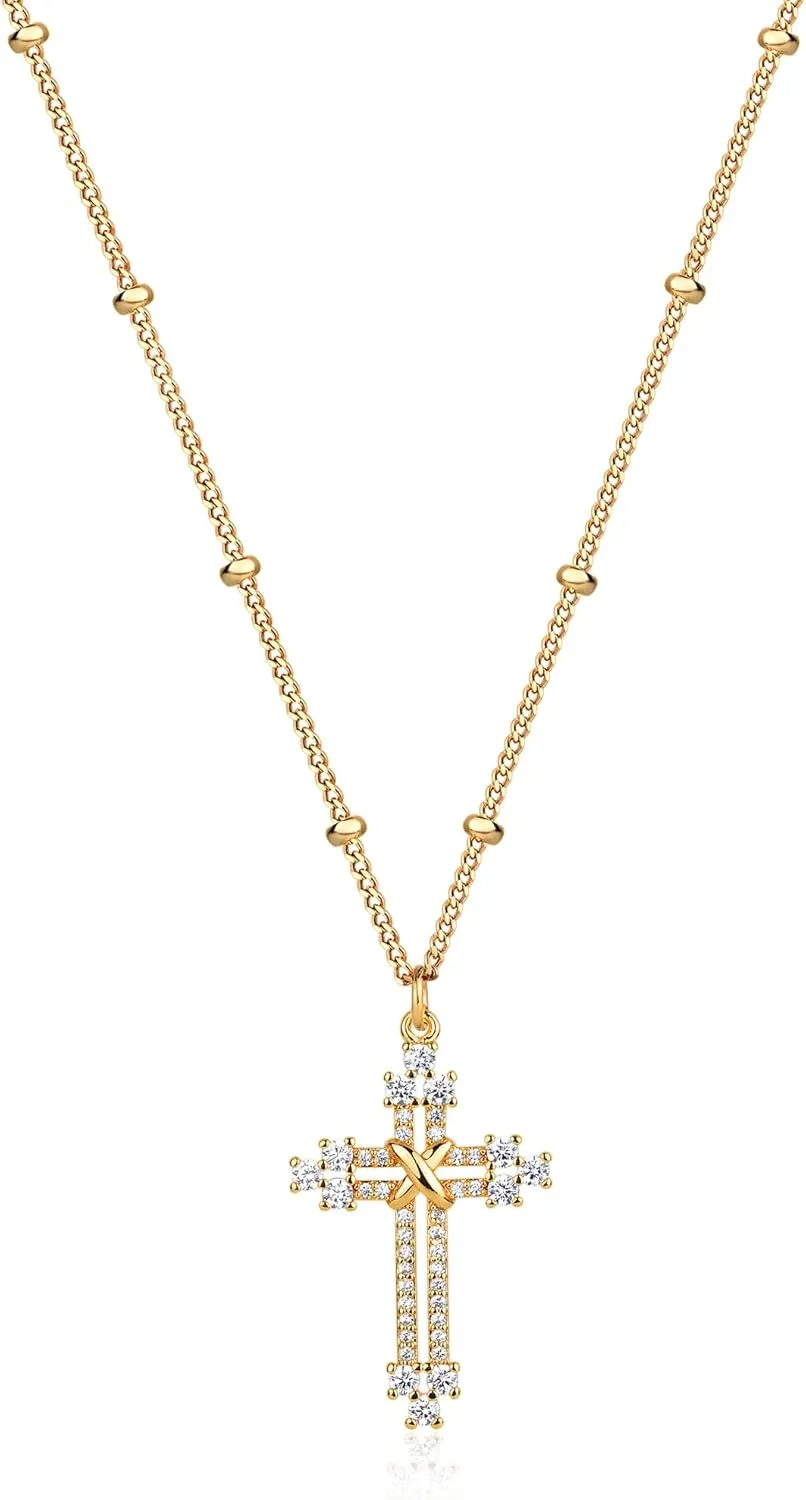 MTMY Gold Cross Necklace 14K Gold Plated Dainty Gold Cross Pendant Necklace for Women Delicate Necklace Jewelry