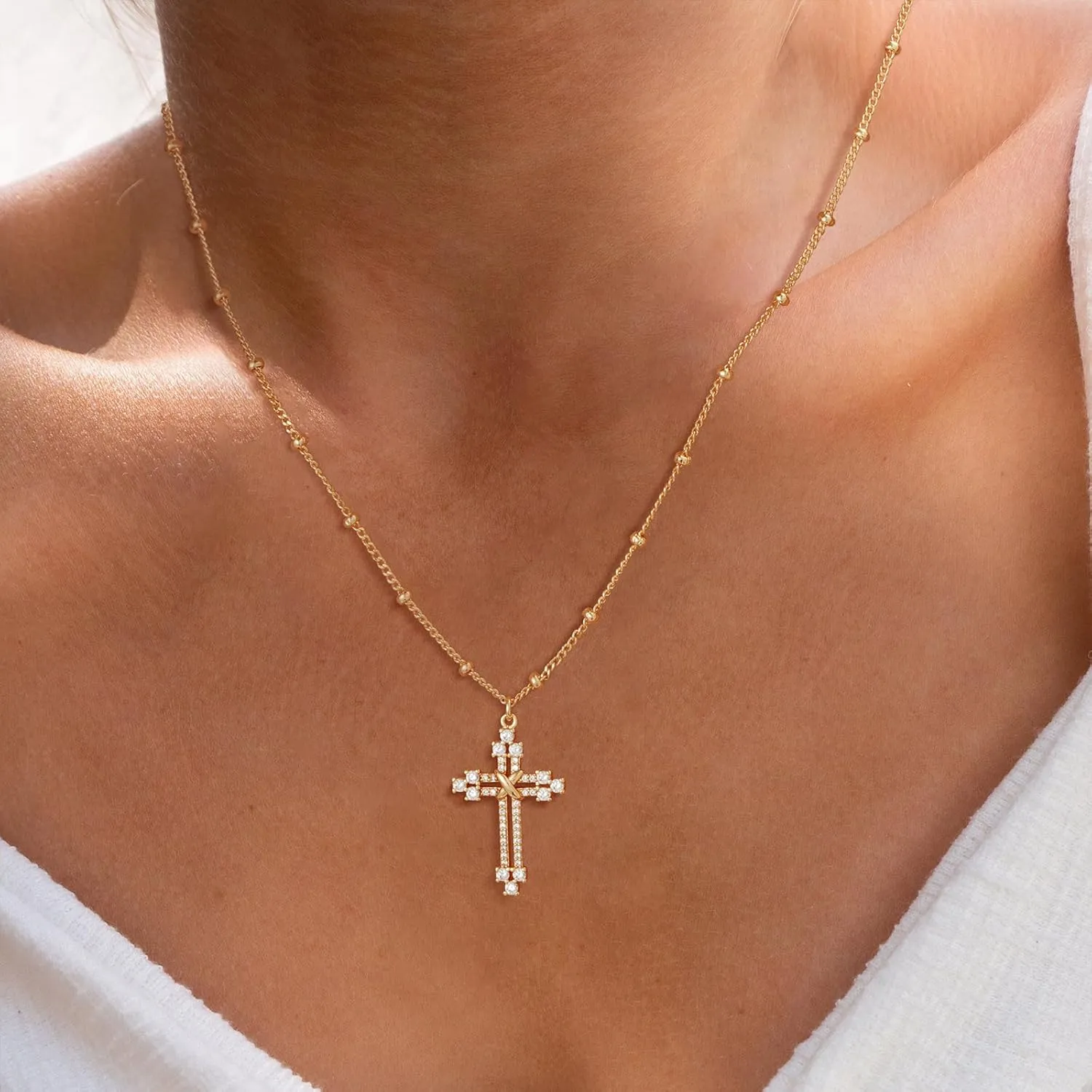 MTMY Gold Cross Necklace 14K Gold Plated Dainty Gold Cross Pendant Necklace for Women Delicate Necklace Jewelry