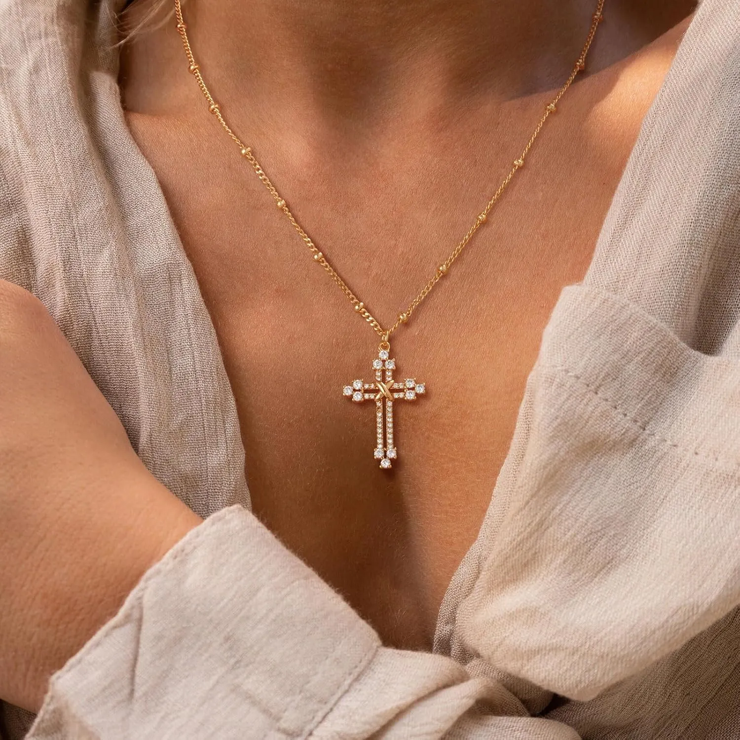 MTMY Gold Cross Necklace 14K Gold Plated Dainty Gold Cross Pendant Necklace for Women Delicate Necklace Jewelry