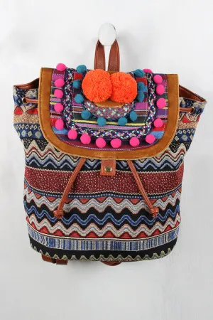 Multi Colored Drawstring Pom Pom Backpack