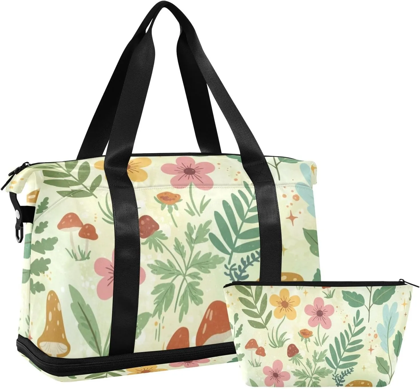 Mushroom and Wildflower Versatile Sports Travel Bag - Lasting Twill Tote, Removable Wheel & Rod Bagging, Multi-pocket Design, Complimentary Makeup Bag