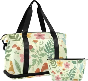 Mushroom and Wildflower Versatile Sports Travel Bag - Lasting Twill Tote, Removable Wheel & Rod Bagging, Multi-pocket Design, Complimentary Makeup Bag