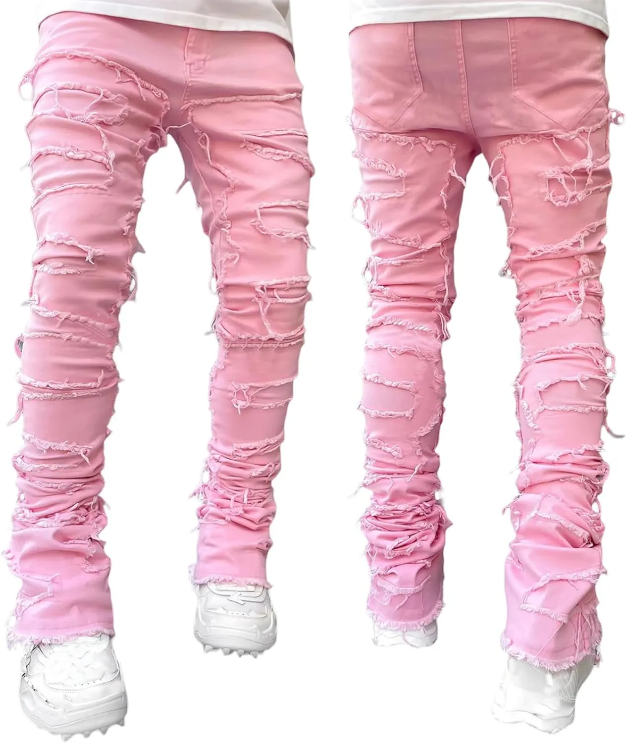 Mxiqqpltky Mens Stacked Jeans Slim Straight Black Ripped Jeans Skinny Distressed Denim Pants Destroyed Denim Jeans Streetwear