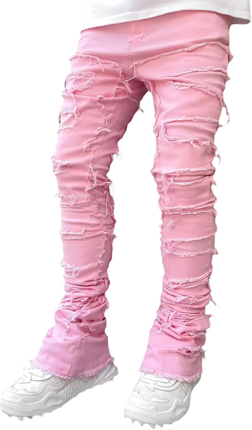 Mxiqqpltky Mens Stacked Jeans Slim Straight Black Ripped Jeans Skinny Distressed Denim Pants Destroyed Denim Jeans Streetwear