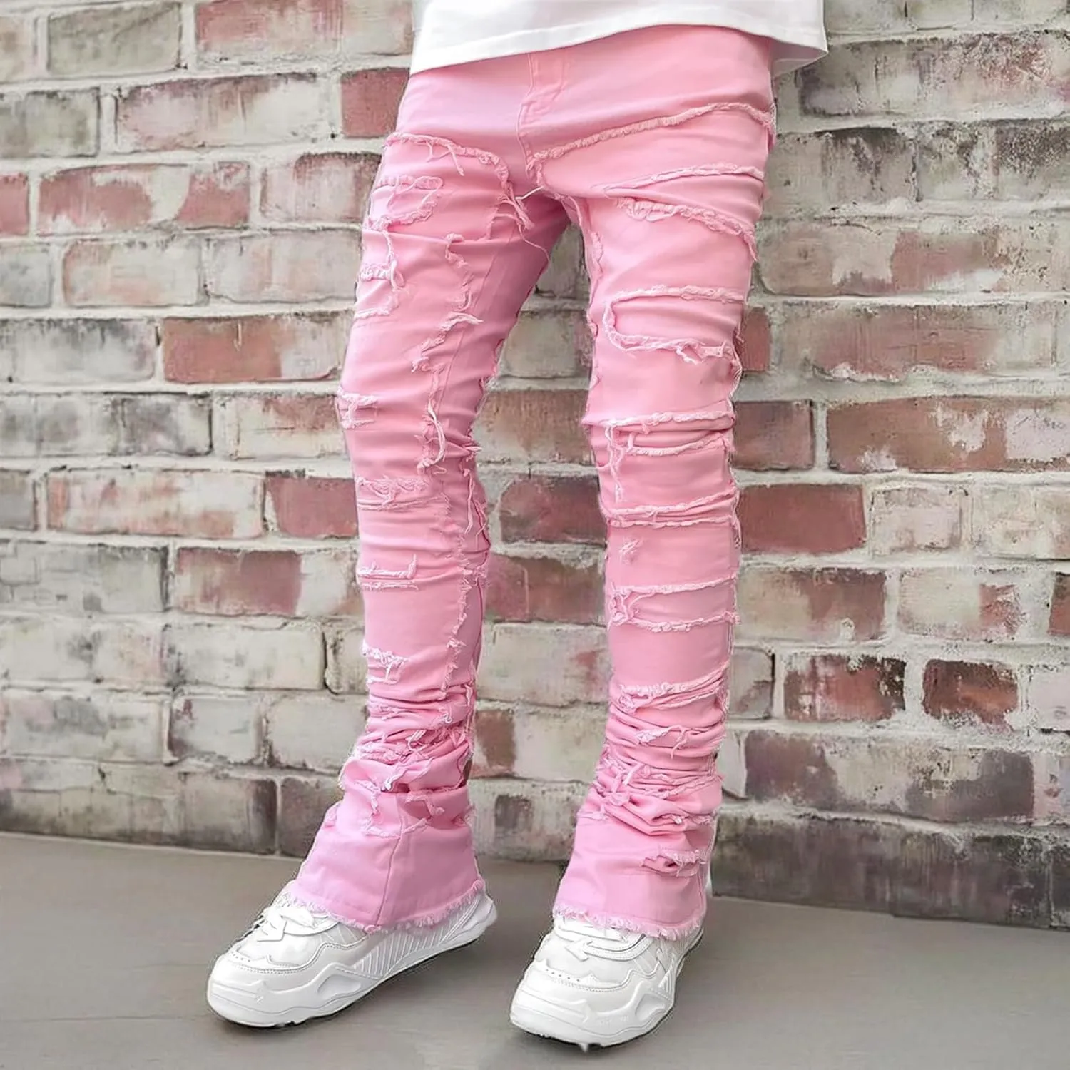 Mxiqqpltky Mens Stacked Jeans Slim Straight Black Ripped Jeans Skinny Distressed Denim Pants Destroyed Denim Jeans Streetwear